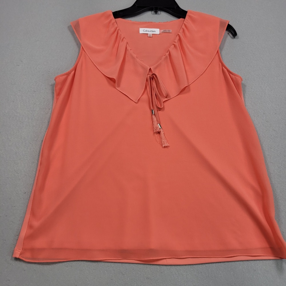 Calvin Klein Womens Coral Sleeveless Ruffle Neck Tie Tassel Blouse Medium